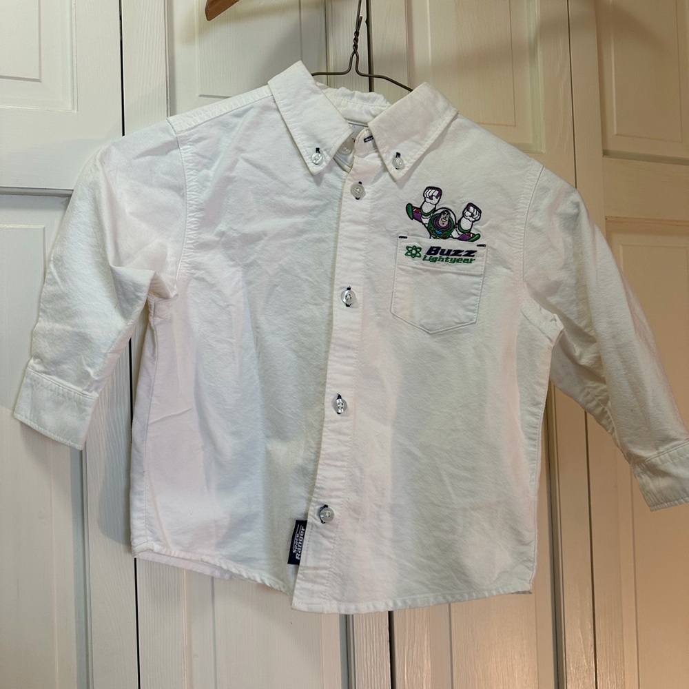 Vintage Buzz Lightyear Disney Space Ranger Kids White Long Sleeve Button Up